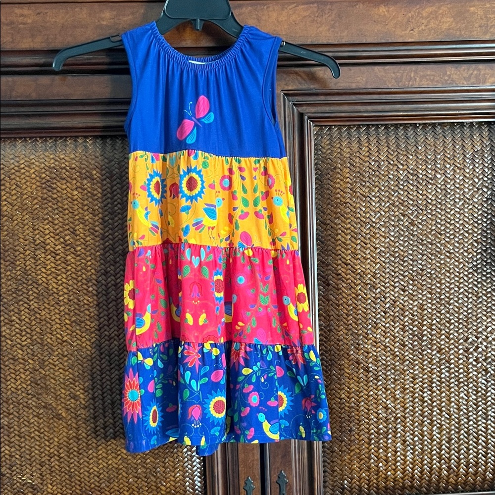 Girls' Sleeveless Tiered Floral Dress in Blue, Yellow & Pink